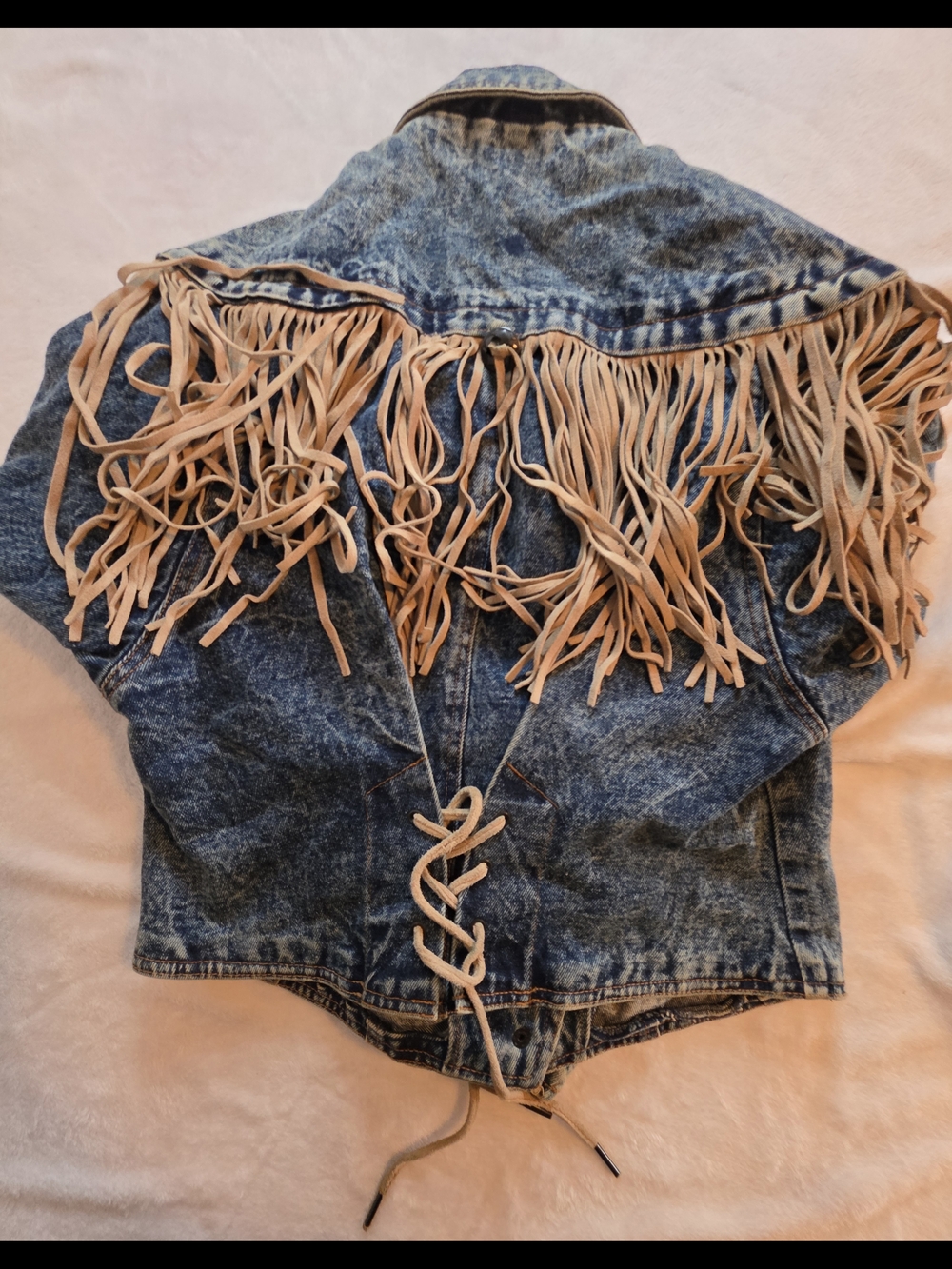 Vintage Western Denim Fringe Jacket Leather Tassels Acid Wash Cropped Medium. - Picture 7 of 8